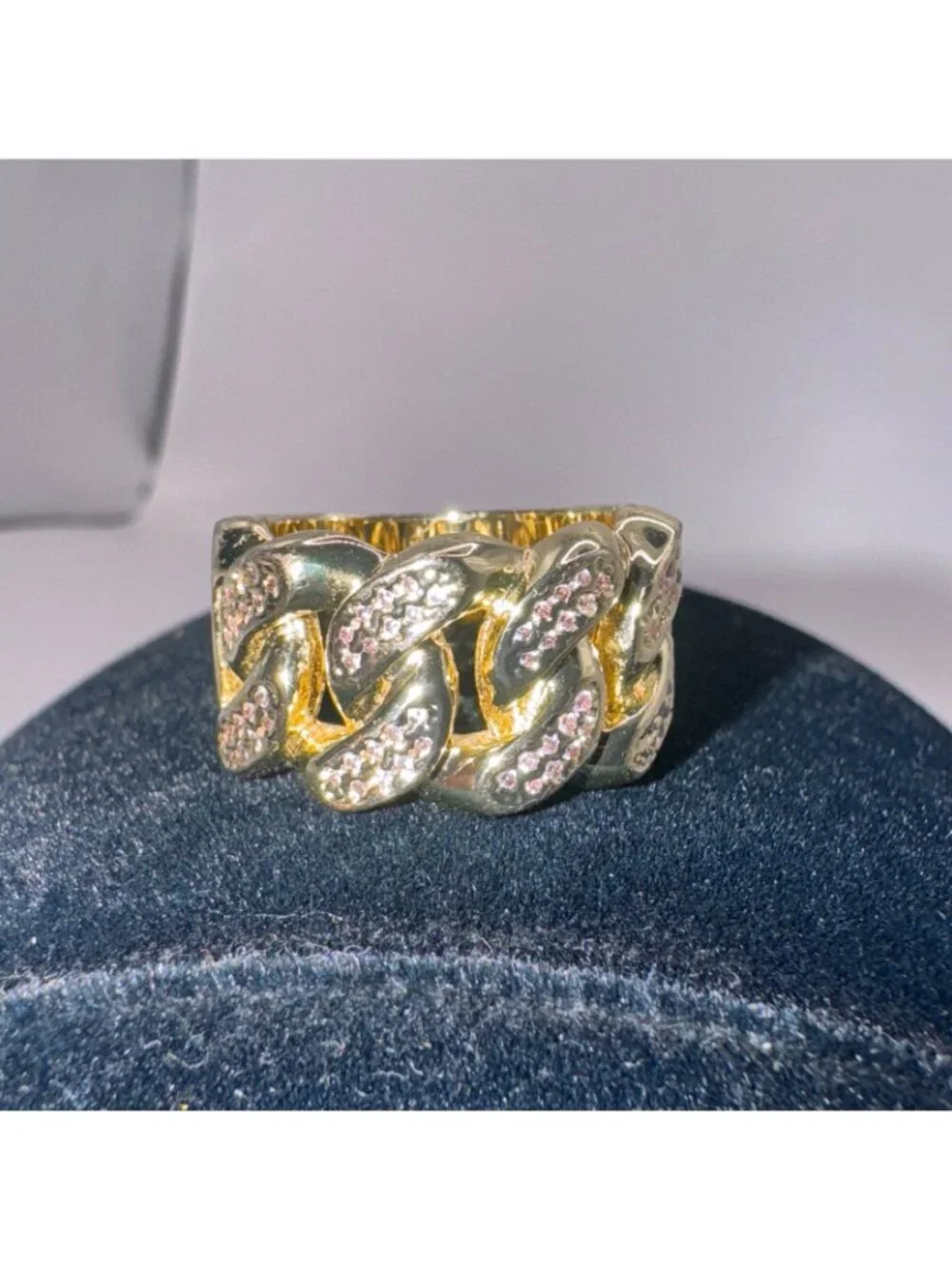 KING ICE Yellow Gold Plated Clear Cz Cuban Link Statement Pinky Ring Size 8